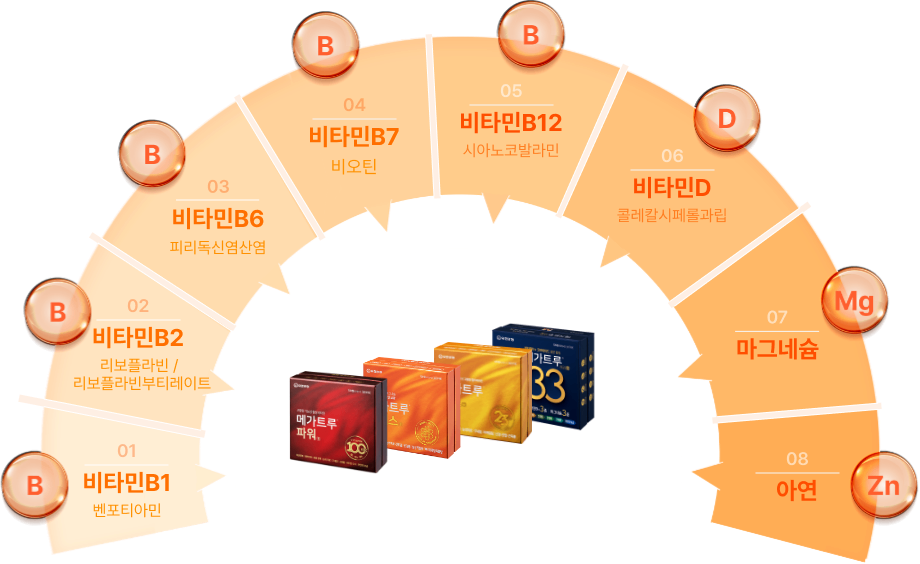 비타민B1, 벹포티아민, 비타민B2 리보플라빈/리보플라빈부티레이트, 비타민B6 피리독신염산염, 비타민B7 비오틴, 비타민B12 시아노코발라민, 비타민D 콜레칼시페롤과립, 마그네슘, 아연